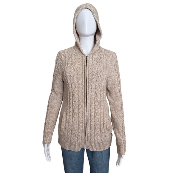 L.L. Bean Sweaters - L.L Bean Beige Cream Hooded Cable Knit Front Zip Sweater Cardigan Medium